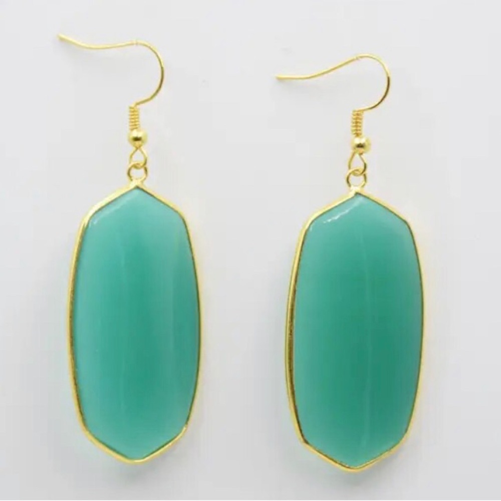 Large 14k Gold Plated Green Jade Stone Oval Hexagon Dangle Statement Earrings